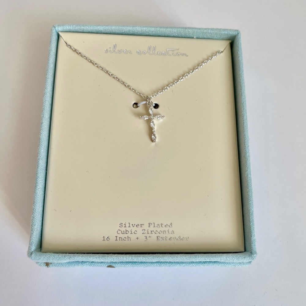 A New Day Silver Plated Cubic Zirconia Cross Necklace‎ 16-19 Inch Adjustable